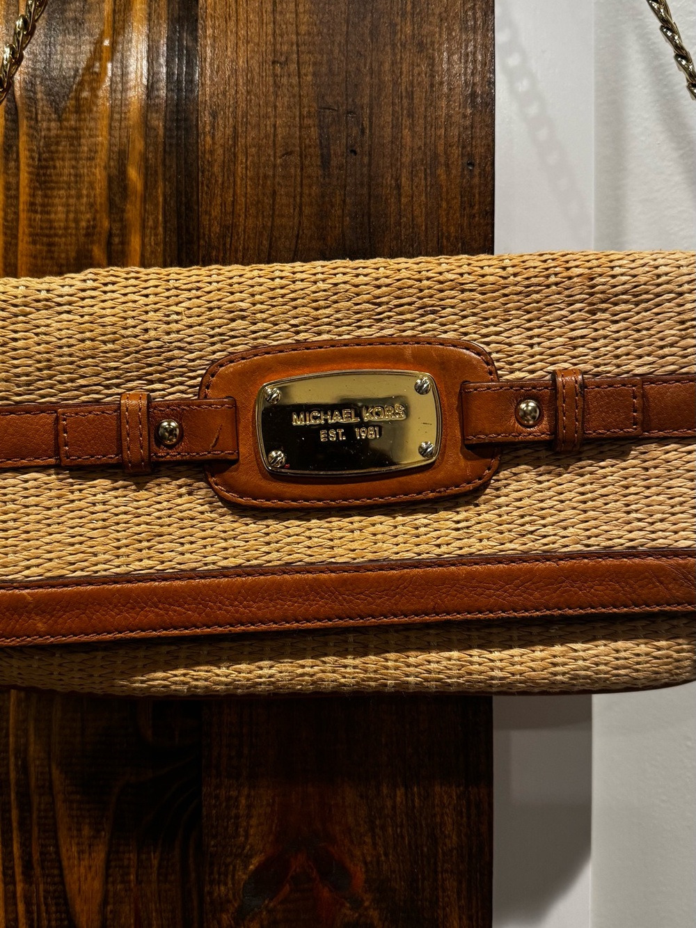 Michael Kors Natural Straw and Tan Leather Shoulder Bag with Gold Plaque
